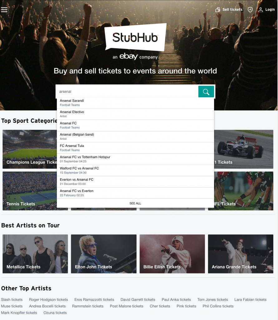 StubHub - search bar and navigation