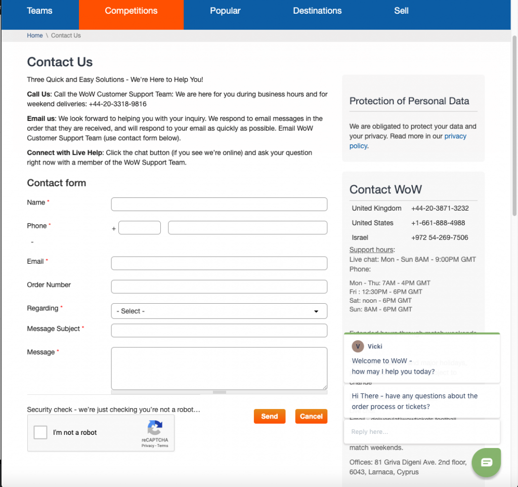 WowTickets.football Contact form - SeatPick Review